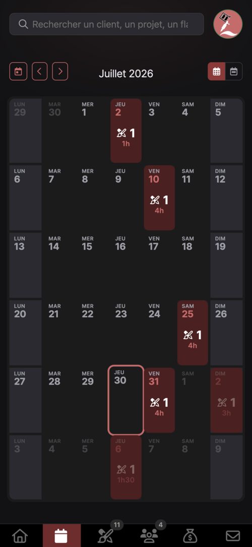 Agenda des séances dans le-tattoo.app